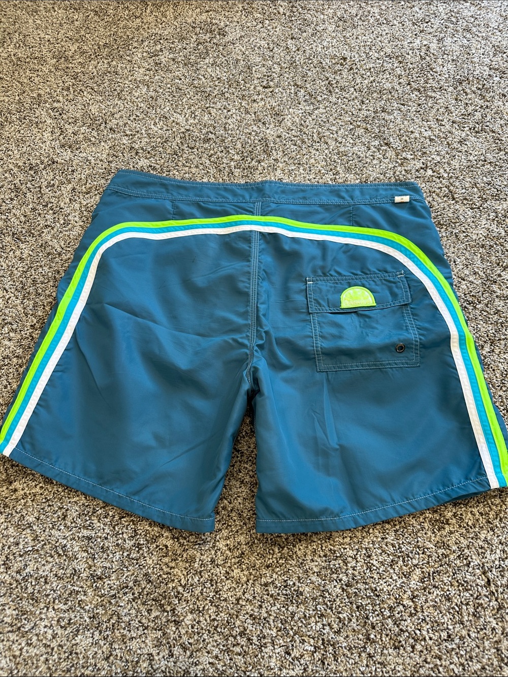 Sundek Teal Swim Trunks with Lime & White Stripes
